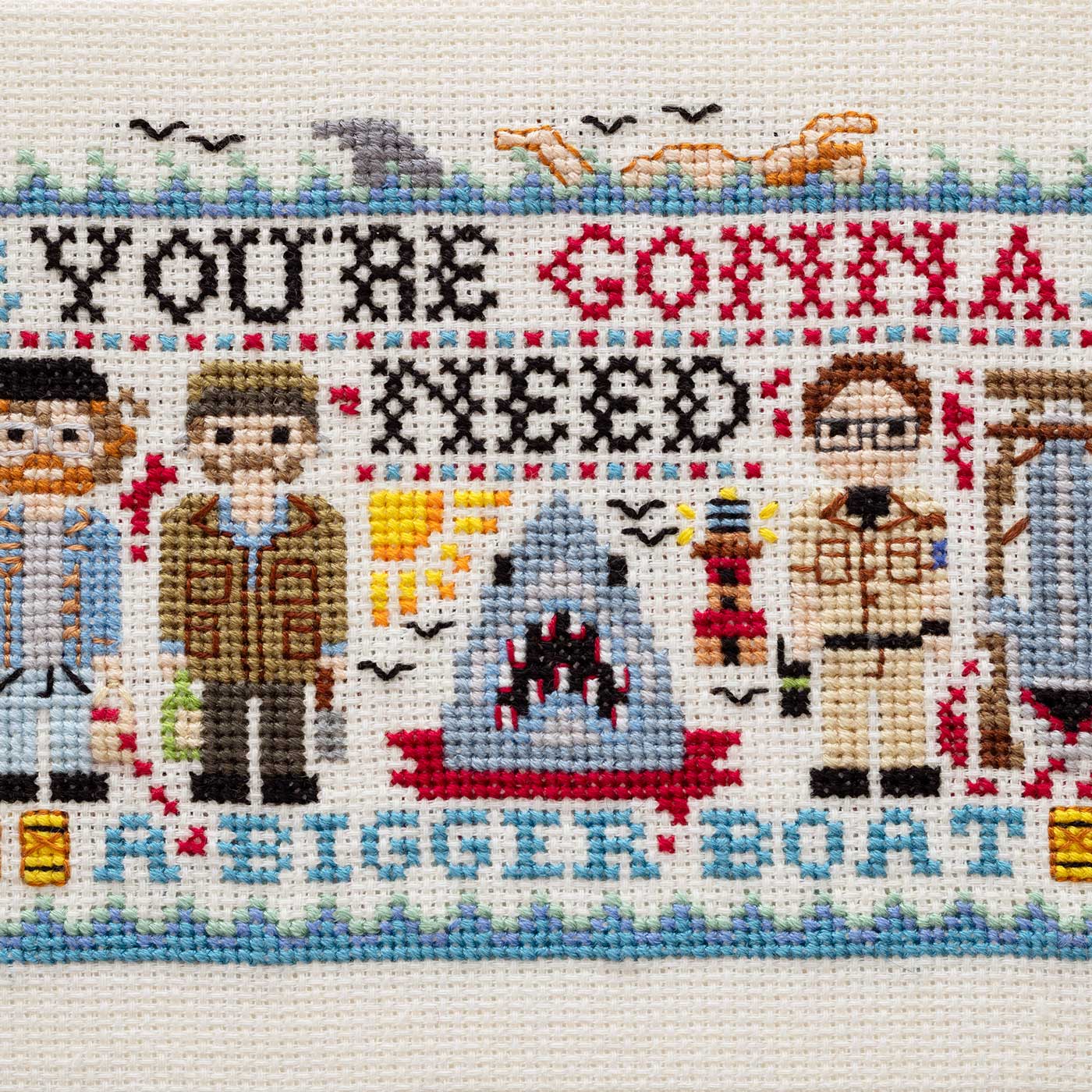 detail from artist Helen Bretherton's cross stitch design inspired by the film Jaws